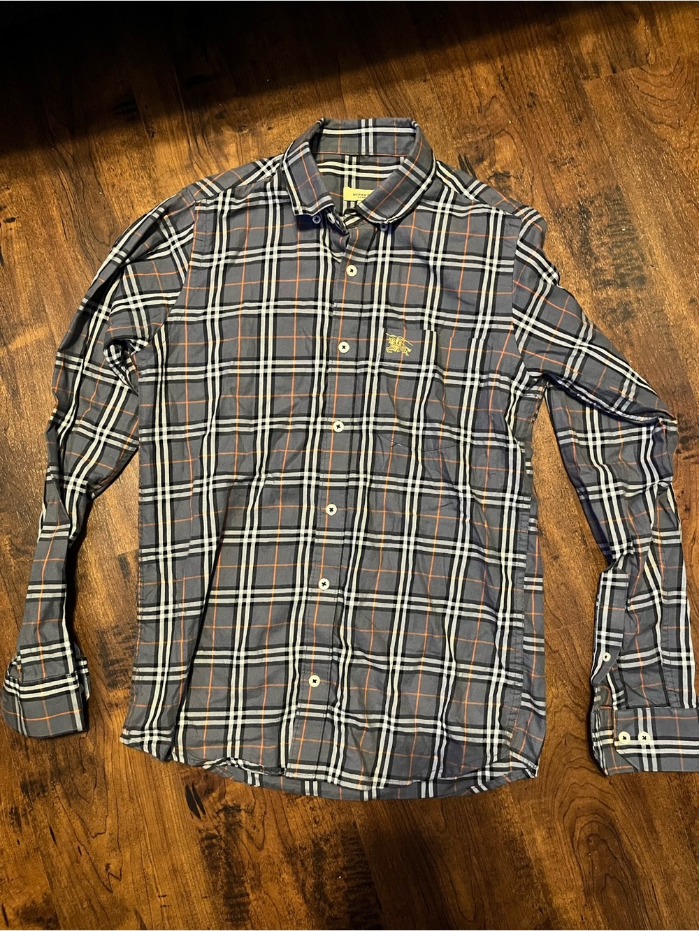 Burberry Men's Gray and Navy Plaid Button-Down Shirt